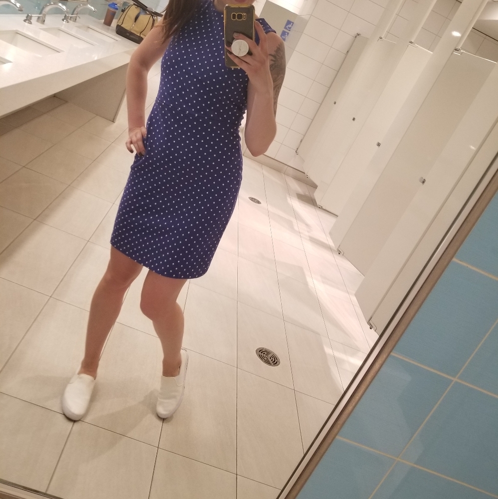 Blue polka-dot sheath dress
